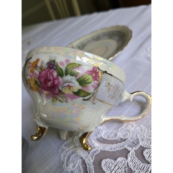 VTG Lusterware Iridescent 3 Footed D3041 Teacup & Saucer Floral Gold Trim Pink - Picture 4 of 16